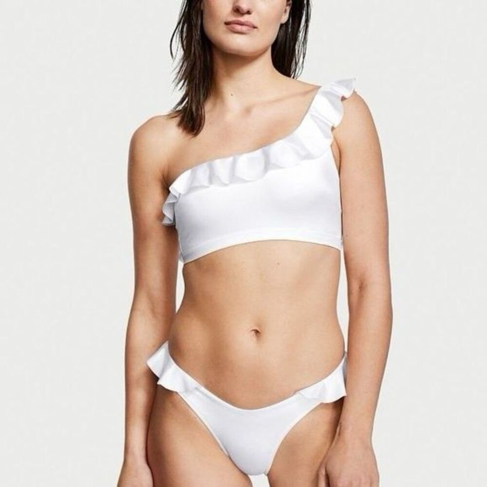 Victorias Secret White Ruffle One Shoulder Bikini Top & Bottom Size Small Swim